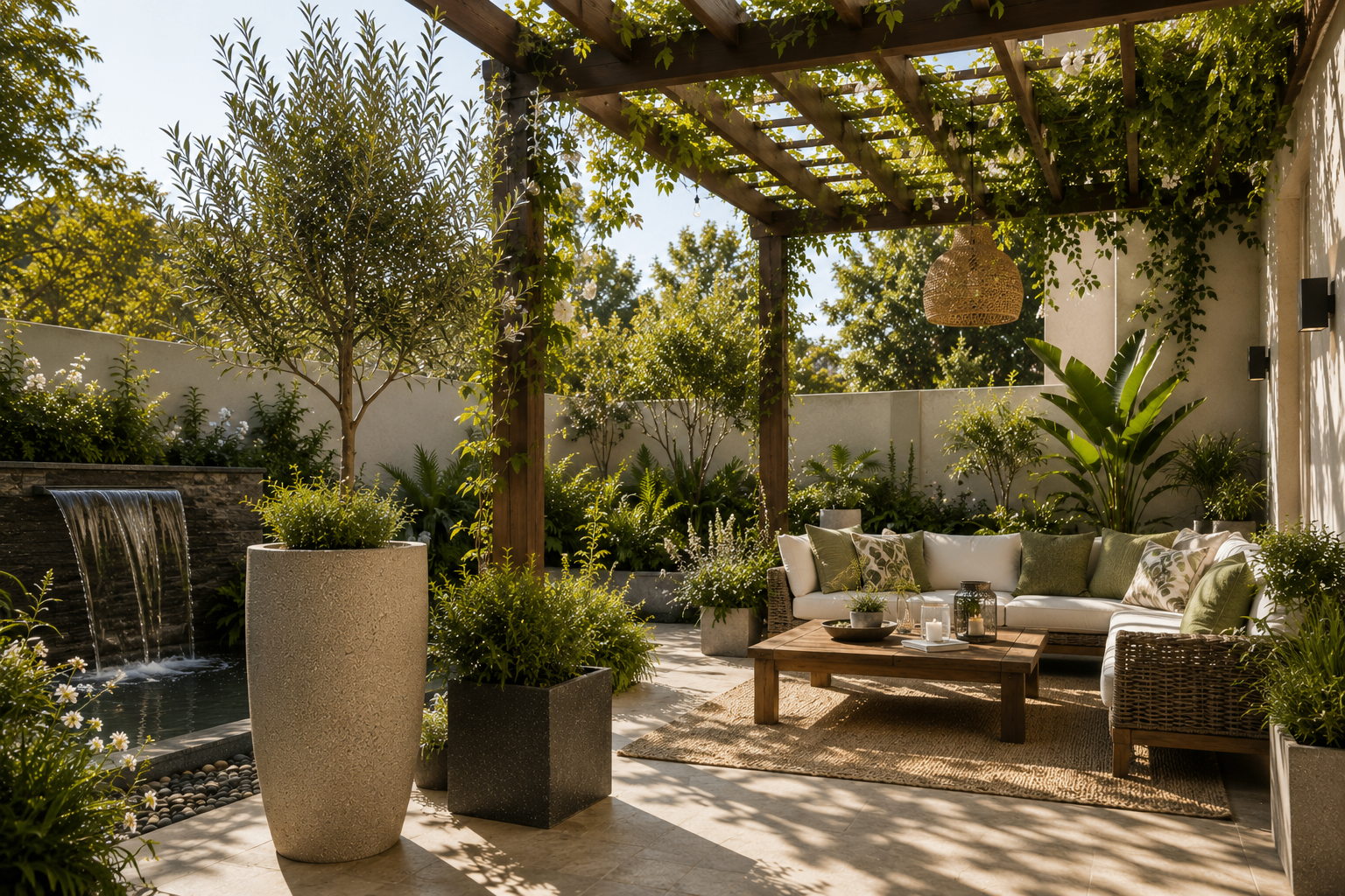A garden lounge under a pergola with a waterfall, tall planters and a wicker sofa
