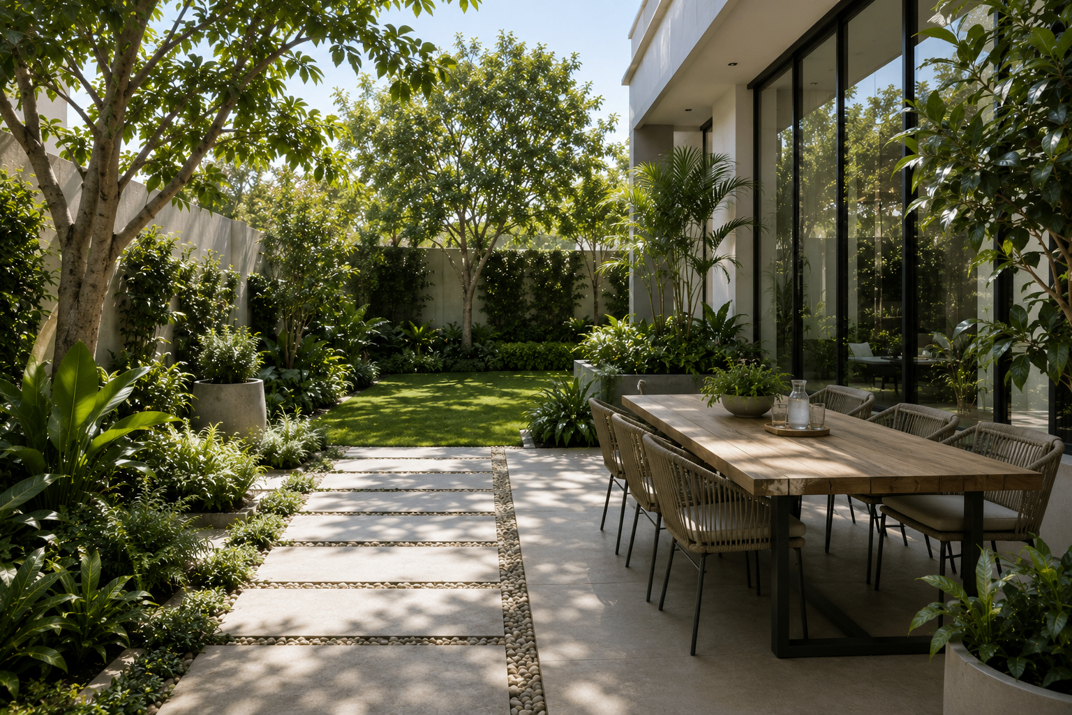 A villa garden with an outdoor dining table beside a manicured lawn