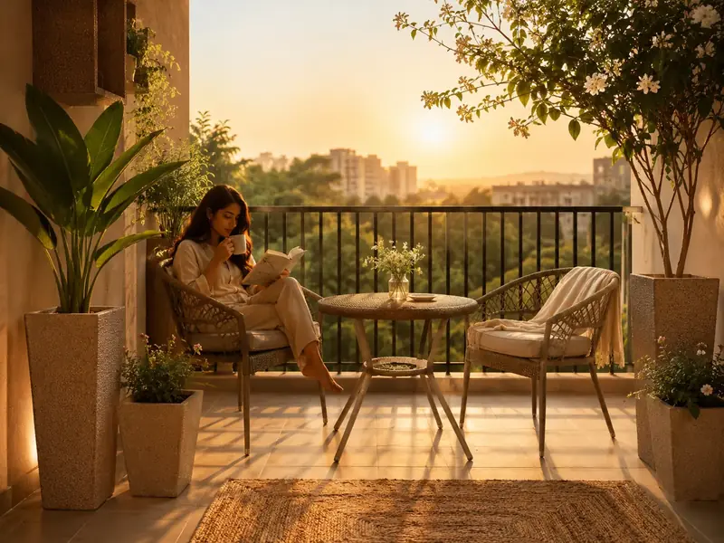 A woman reads on her sunlit balcony among tall FRP planters
