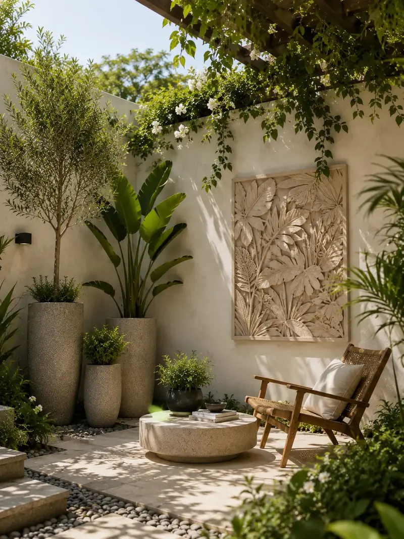 A sunlit courtyard with textured stone planters and a carved leaf relief