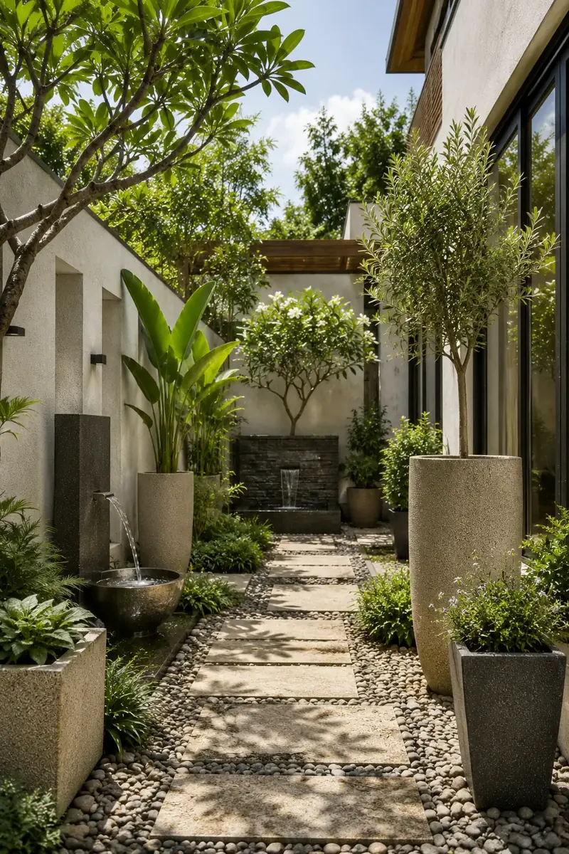 A courtyard path with stepping stones, water feature and tall stone planters
