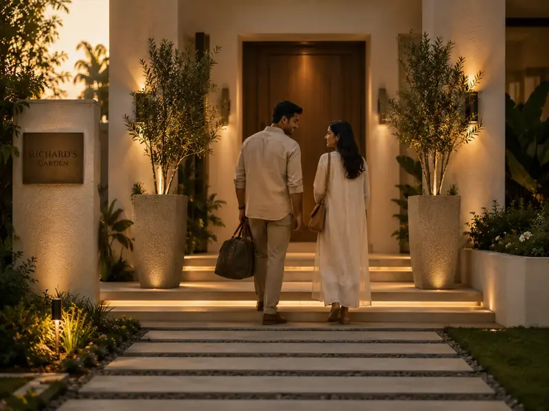 A couple arriving home past a lit entrance flanked by textured planters