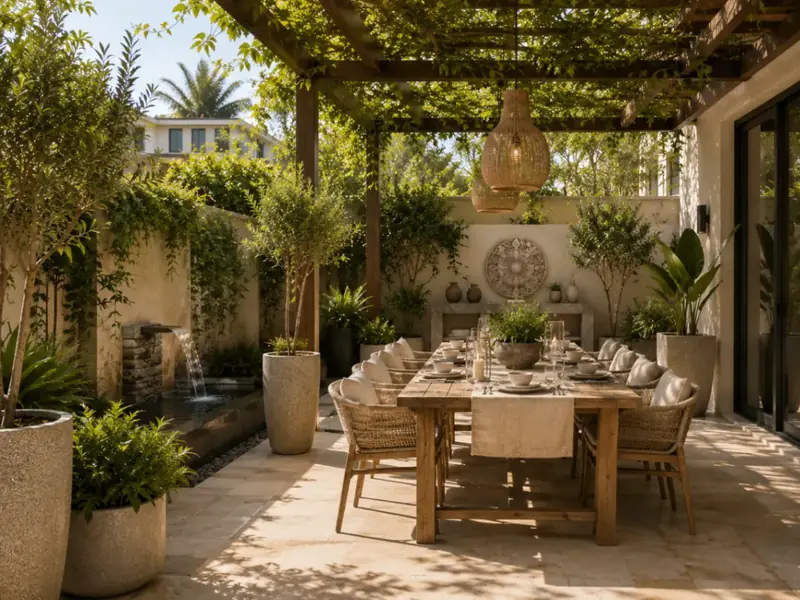 A pergola seating area surrounded by planters and greenery
