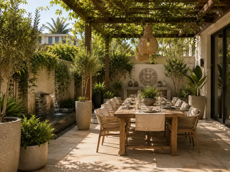 An al fresco dining table under a vine-covered pergola beside a stone water feature