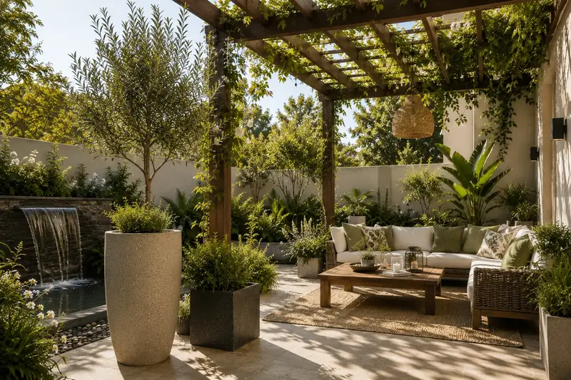 A garden lounge under a pergola with a waterfall, tall planters and a wicker sofa