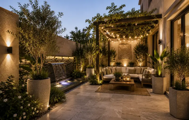 A pergola lounge at dusk with string lights and a stone waterfall