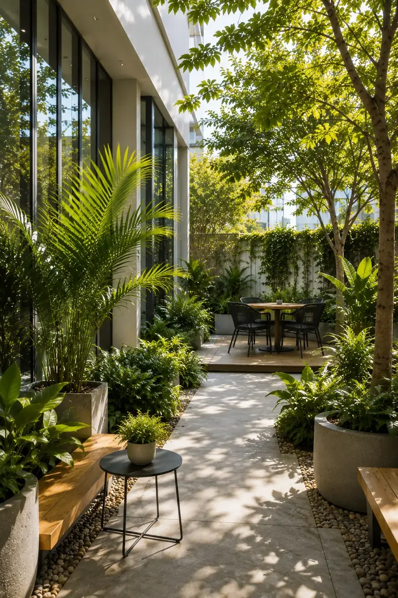 A narrow side garden with palms, planters and a cafe table