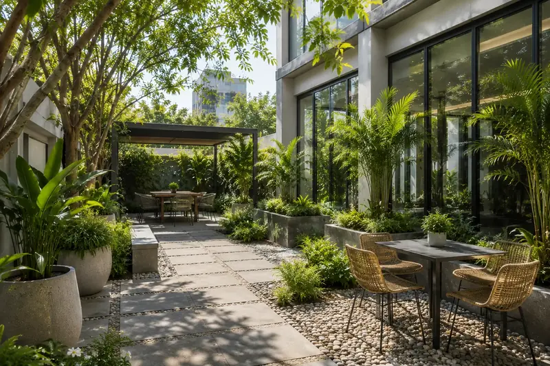 An urban courtyard with a pergola, dining set and tall planters