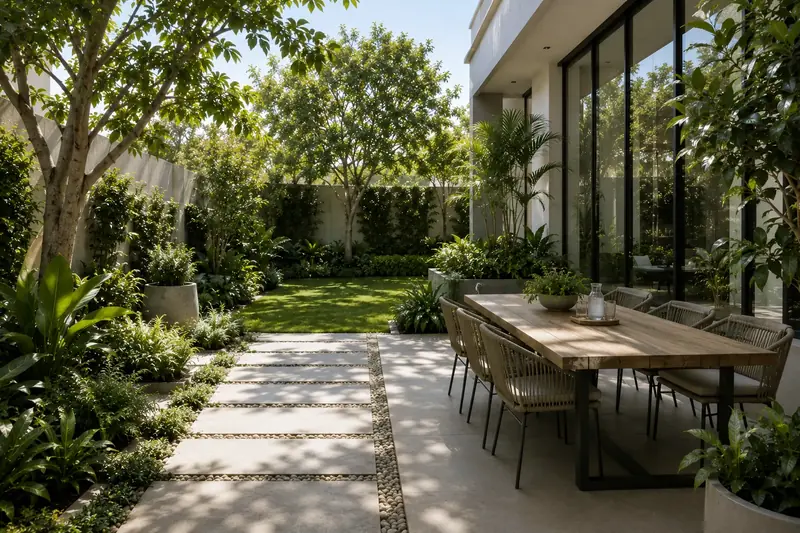 A villa garden with an outdoor dining table beside a manicured lawn